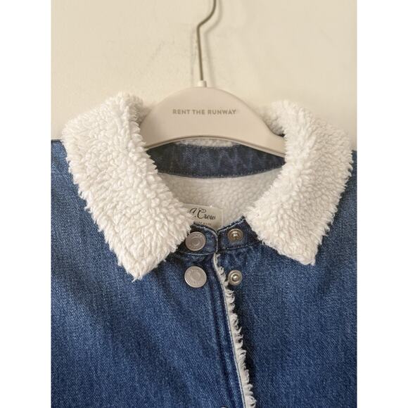 MINT J. Crew Denim Sherpa Swing Jean Denim Blue White Fur Trim Jacket Sz L EUC - Picture 2 of 12
